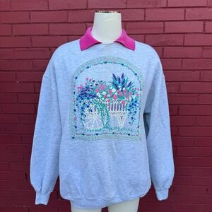 Vtg Morning Sun Floral Puff Paint Sweatshirt XL Collar Gray Cottagecore Pullover
